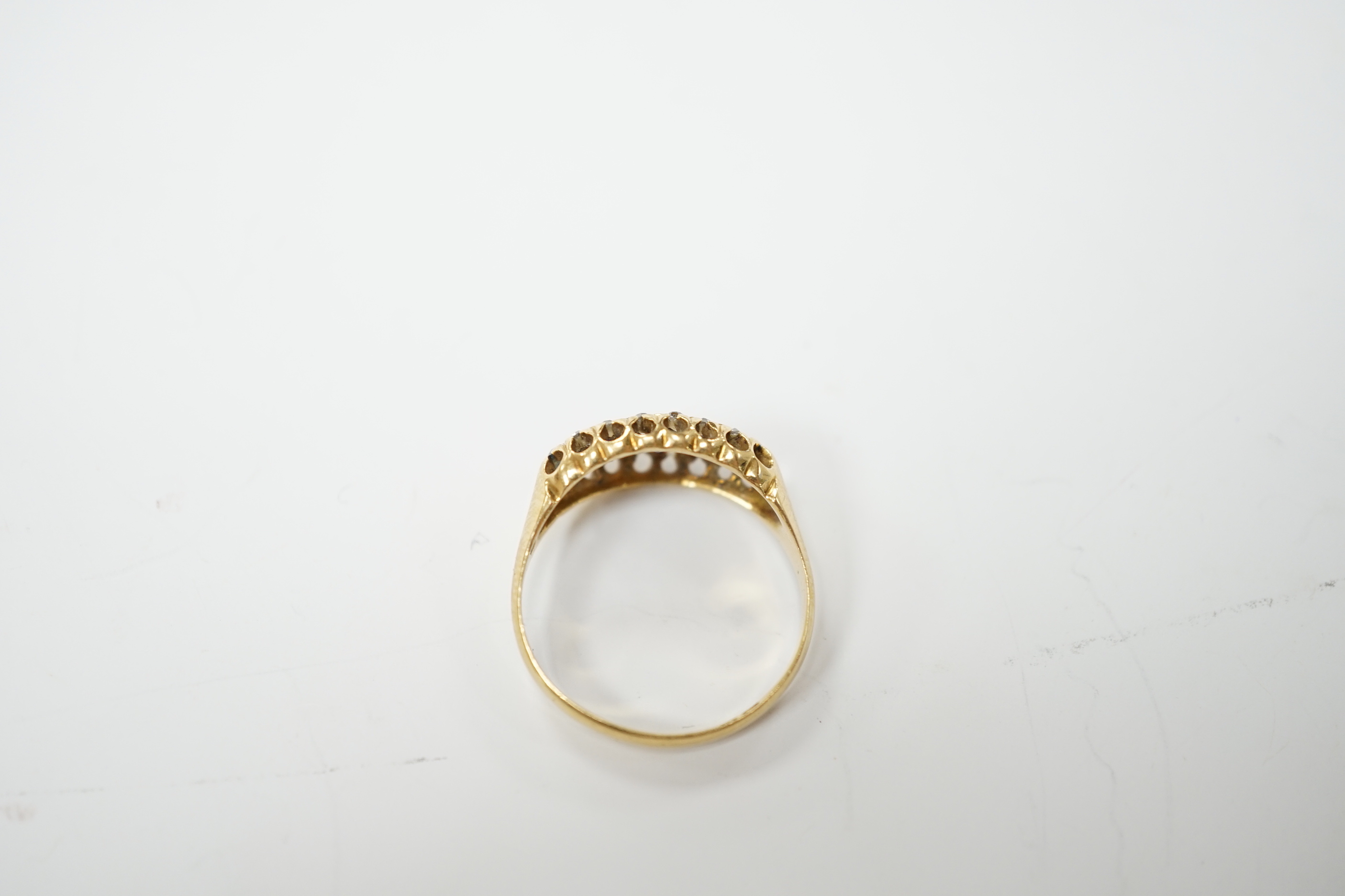 A George V 18ct gold, sapphire and diamond cluster set navette shaped ring, size N, gross weight 2.7 grams.